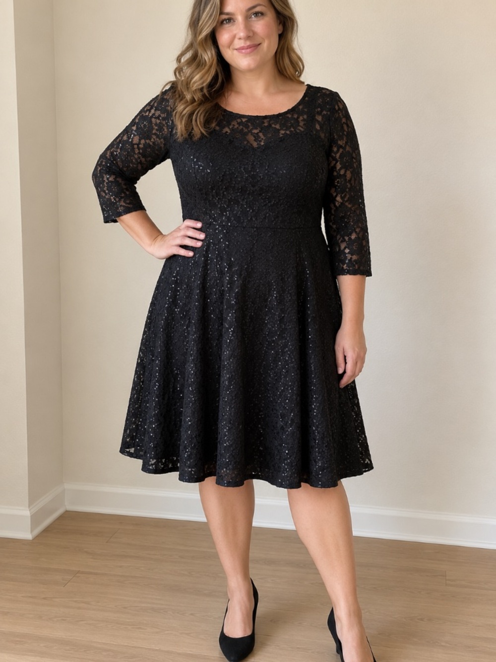 SLNY Black Sequin Lace Fit & Flare Cocktail Dress Size 14
